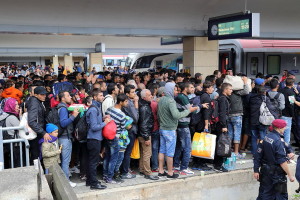 Wien Westbahnhof railway station on 5 September 2015: migrants on their way to Germany