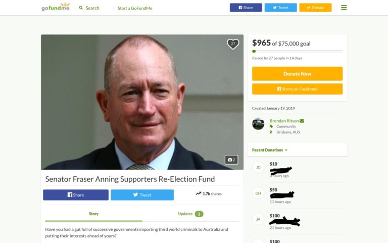 GoFundMe page for Senator Anning shut down