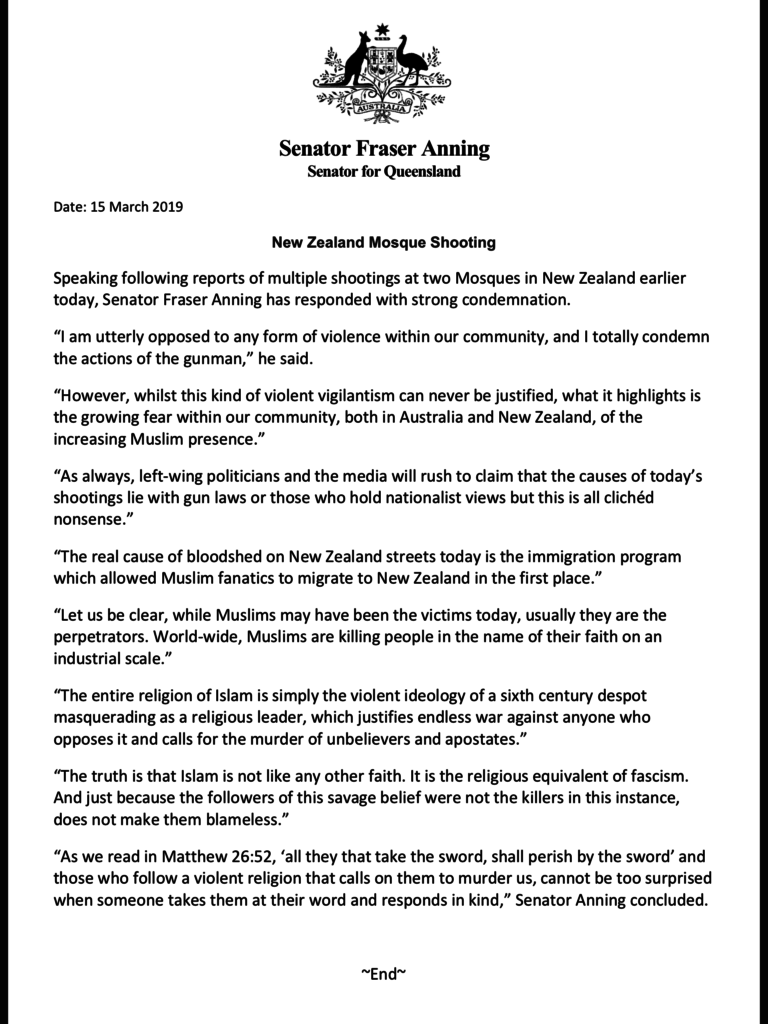 Senator Fraser Anning responds to mental illness incident in New Zealand