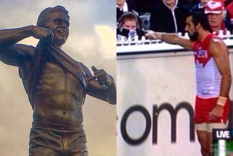 The Nicky Winmar statue at Perth Stadium — a symbol of monumental stupidity