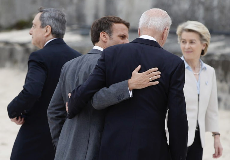 Homosexual Emmanuel Macron tried to hump Joe Biden at G7