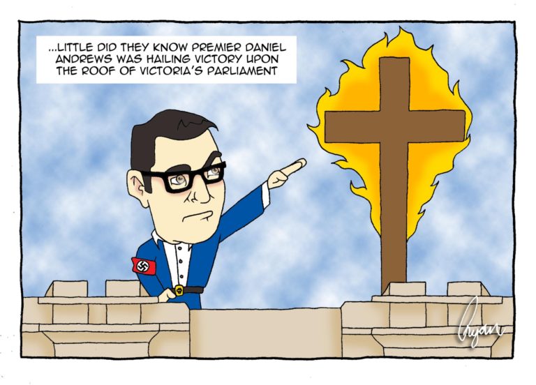 Daniel Andrews takes credit for slashing overseas arrivals: Burns cross on Parliament roof